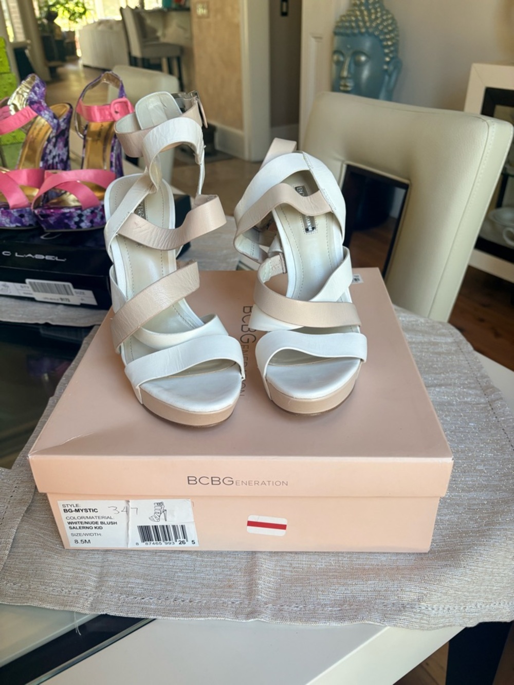BCBGeneration Two-Tone White and Beige Strappy Platform Heels